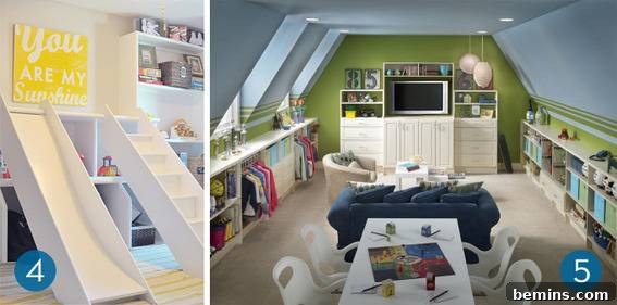 A green and white themed playroom featuring a playful indoor slide for active entertainment.