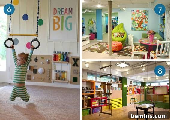 A child playfully hanging from a u-bar swing inside a creatively designed bedroom environment.