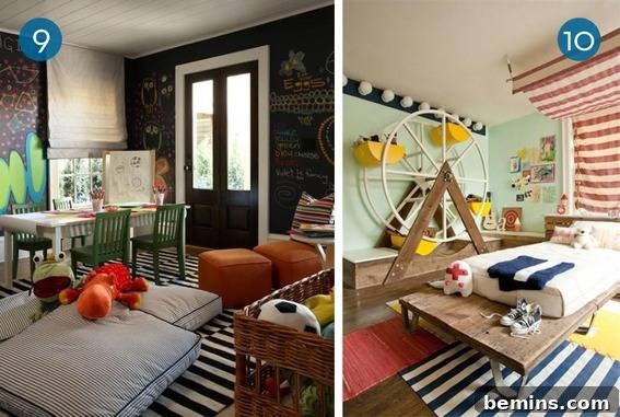 A whimsically decorated child’s bedroom featuring a fair theme and a space exploration motif.
