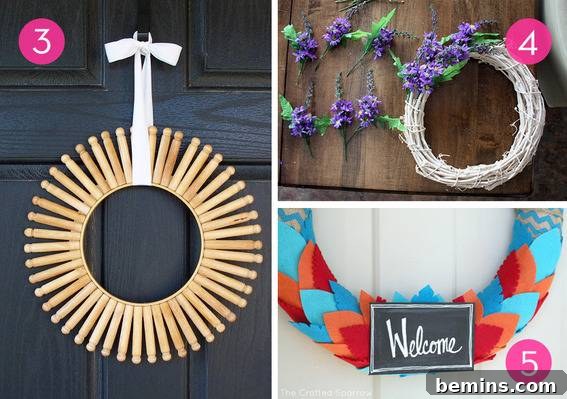Crafting Sunshine: 10 DIY Summer Wreaths to Brighten Your Door 4 Wreaths made of clothespins, paper, and artificial flowers