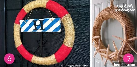 Crafting Sunshine: 10 DIY Summer Wreaths to Brighten Your Door 5 Tan and red wreath with a blue and white board hanging from it