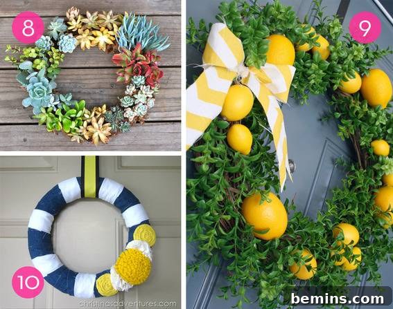 Crafting Sunshine: 10 DIY Summer Wreaths to Brighten Your Door 6 Different types of colorful wreaths are shown