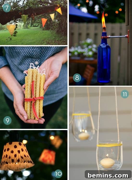 Various DIY backyard lighting ideas, including candles and decorative elements.