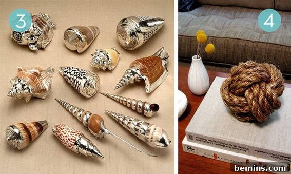Decorative shell ornaments and rope crafts displayed on a shelf, enhancing the nautical ambiance.