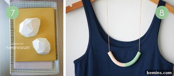 Top 10 Polymer Clay Project Ideas 6 Paper weights and a necklace are made of simple geometric shapes.