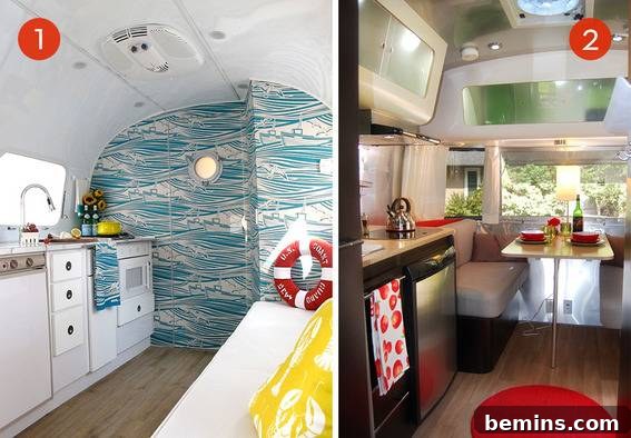 Roundup: 9 Stunning Airstream Trailers 3 The interior of an RV featuring a predominantly white design, highlighting a modern and minimalist aesthetic.