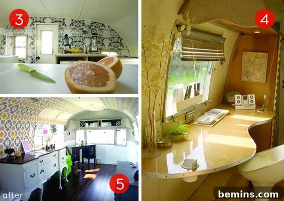 Roundup: 9 Stunning Airstream Trailers 4 Counters made from curved materials and furniture of varying heights, showcasing innovative Airstream interior design.
