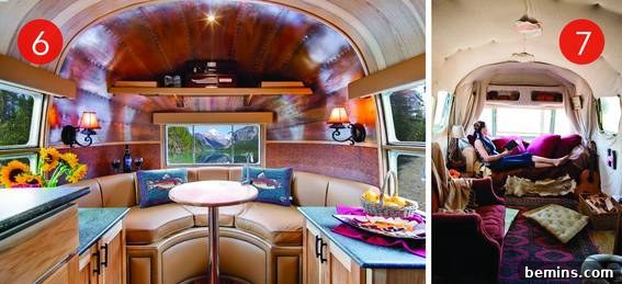 Roundup: 9 Stunning Airstream Trailers 5 Arched, recessed areas of living spaces are used for a dining table and a sofa, demonstrating clever use of space in an Airstream.