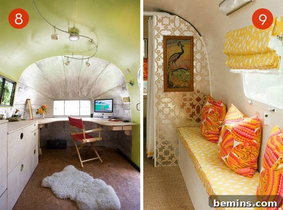 Roundup: 9 Stunning Airstream Trailers 6 Areas of homes with arched walls and ceilings are utilized for a bench and a desk, showcasing space-saving Airstream design ideas.