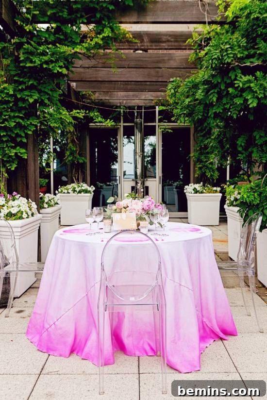 10 DIY Projects to Elevate Your Outdoor Dinner Party 7 An outdoor patio with a pink ombre tablecloth on a table, surrounded by trees.