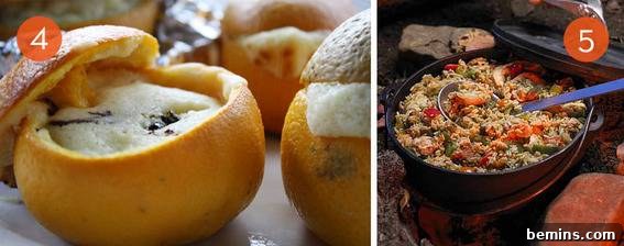 Cheese soup in a bread bowl next to a cast iron pot of soup with noodles.