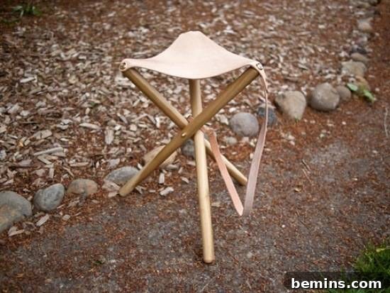 A folding chair with a leather seat and a snap to keep it closed sits in the woods