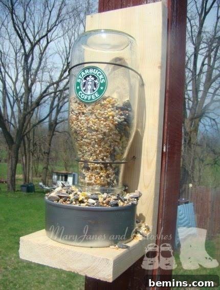 A large Starbucks bottle has been cleverly inverted and combined with a tuna can base to create a charming and functional bird feeder.
