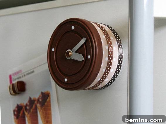 A creative tuna can has been skillfully converted into a working clock, positioned next to a delightful group of waffle cones.