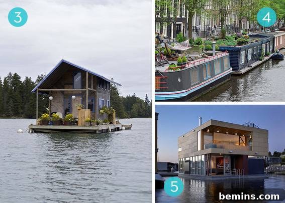 Visual Feast: 10 Stunning Houseboat Getaways 4 Group of houseboats of various shapes and sizes, floating peacefully on a calm body of water.
