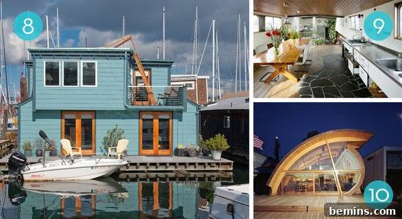 Visual Feast: 10 Stunning Houseboat Getaways 6 Two-story blue houseboat with a boat docked in front, featuring a galley kitchen with a black stone floor and a unique glass house structure.