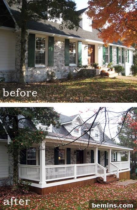 Before-and-after comparison of a rambler-style home showcasing a remarkable transformation achieved through a new front porch, roofline rework, and updated exterior finishes