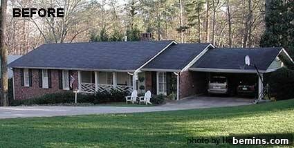 A brick house with a two-car carport transformed by a three-tiered roof and lush green lawn, showcasing enhanced curb appeal and architectural interest
