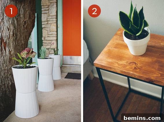 A wooden table with a pot and plant on it, showing how a laundry hamper can be transformed into stylish furniture.