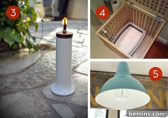 Split screens of lamps in three different settings, showcasing DIY garden torches made from oil and vinegar cruets.