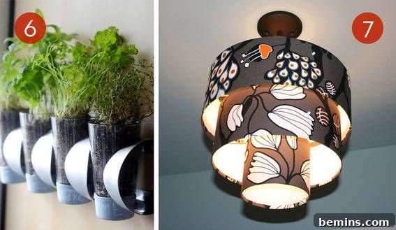 Plants grown in glasses and a three-tiered ceiling lamp, illustrating creative uses for IKEA products.