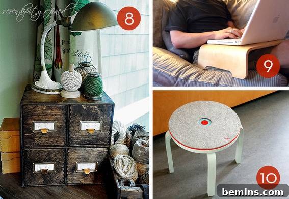 Up-cycled pieces of furniture for modern-day uses, showcasing a vintage-looking card catalog made from IKEA wood boxes.