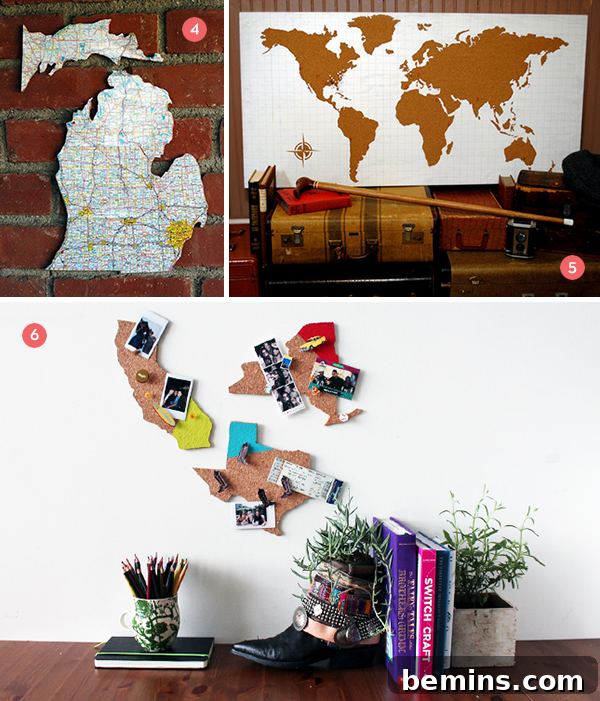 Various map images utilized as decor, highlighting cork's potential for travel-themed designs.