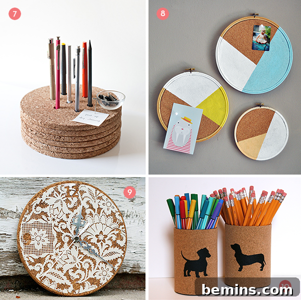 Corkboard used in various applications: bulletin board, pen holder, and clock, demonstrating its diverse functionality.