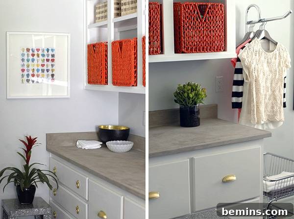 Laundry room space organized with baskets, and clothes hangers.