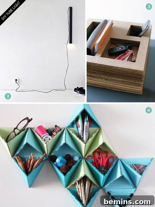 Three creative cardboard organizing solutions: a desk organizer, a magazine holder, and a set of drawers. Functional and stylish DIY storage ideas.