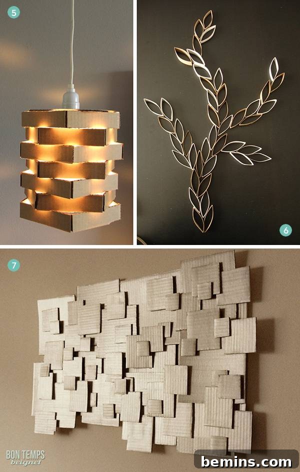 Three different cardboard art pieces: a pendant light, metal leaf art, and overlapping square art. Examples of creative DIY wall art projects.