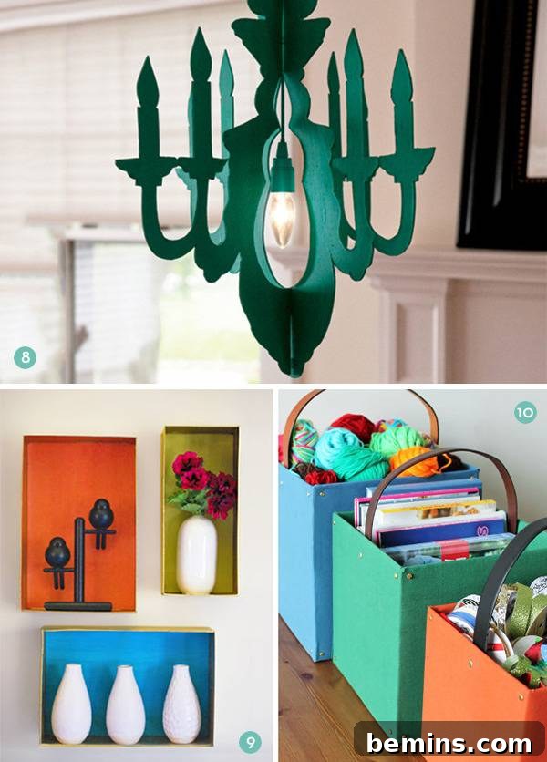 Repurposed items being painted to decorate homes. Examples of cardboard decor for a home.