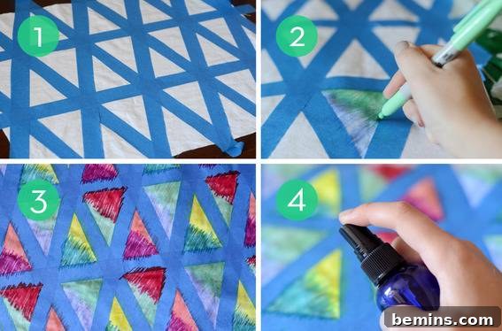 Masking tape in a triangular pattern with paint being applied.
