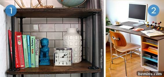 Industrial-Style Bookshelf with Books and Decorative Items