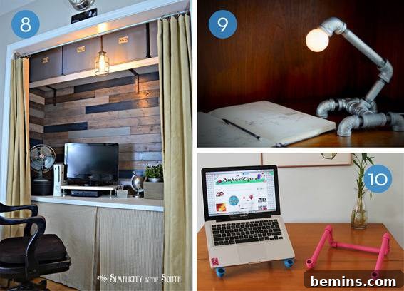 Office nook with laptop and industrial pipe lamp.