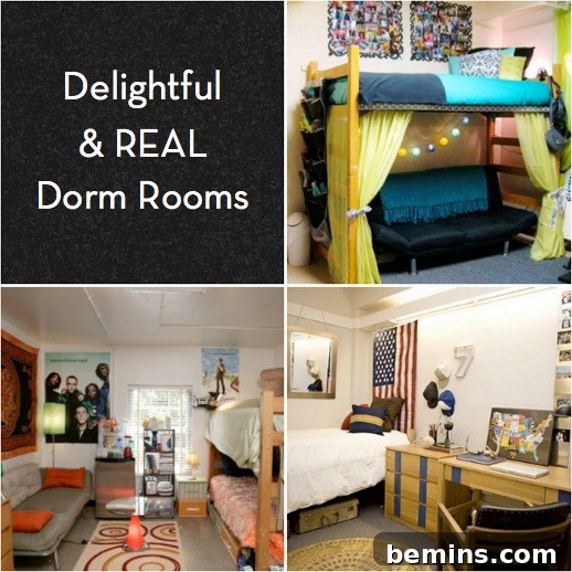 A dorm room featuring a bunk bed with blue covers and yellow curtains, a dorm room with orange accents, and a dorm room with an American flag hanging above the bed.