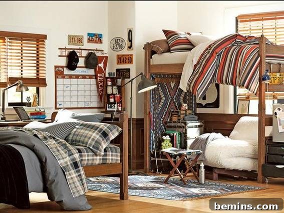 A dorm room featuring both bunk beds and conventional beds, decorated for practicality, efficiency, and sophistication, utilizing empty bunk space for seating options.