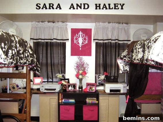 A large furnished room featuring Sara and Haley at the top, showcasing a well-designed and personalized living space.