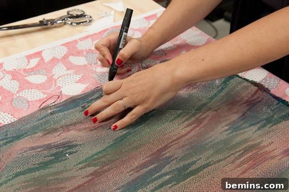 A woman marking a line with marker on two pieces of cloth. Tracing fabric for the new cushion.