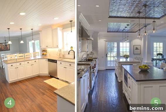 Creative Ceiling Transformations: 10 DIY Projects 4 A kitchen from two angels, with mostly white walls and handing lights.