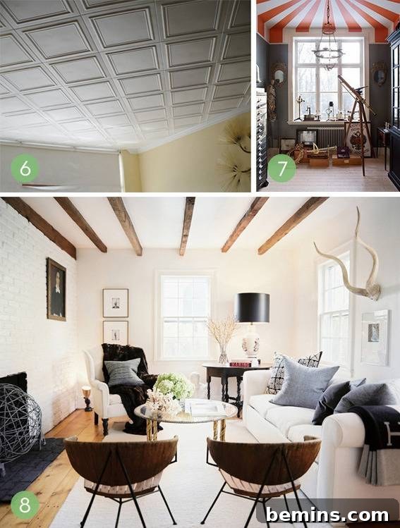 Creative Ceiling Transformations: 10 DIY Projects 5 A white panel ceiling, a white ceiling with orange stripes, and a white ceiling with brown wooden beams.