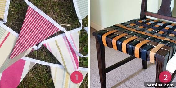 Colorful pennant streamers made from various strips of cut fabrics, alongside a chair seat skillfully woven from repurposed fabric strips, showcasing creative textile upcycling.