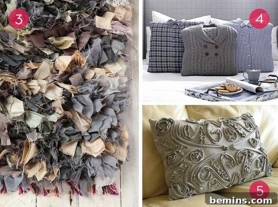 A collection of upcycled home decor items, including various pillows and wall hangings crafted from old clothing and fabric scraps, demonstrating diverse textile reuse ideas.
