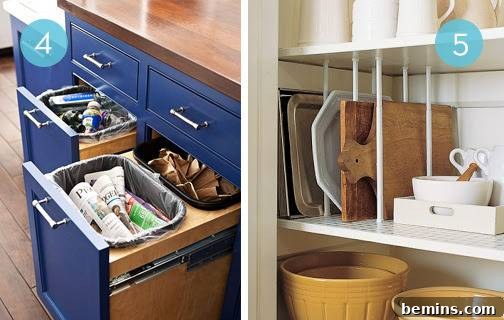Kitchen & Pantry Makeover: Simple Steps to Organized Bliss 4 Garbage and recycling cans nestled inside roll-out drawers in a kitchen.