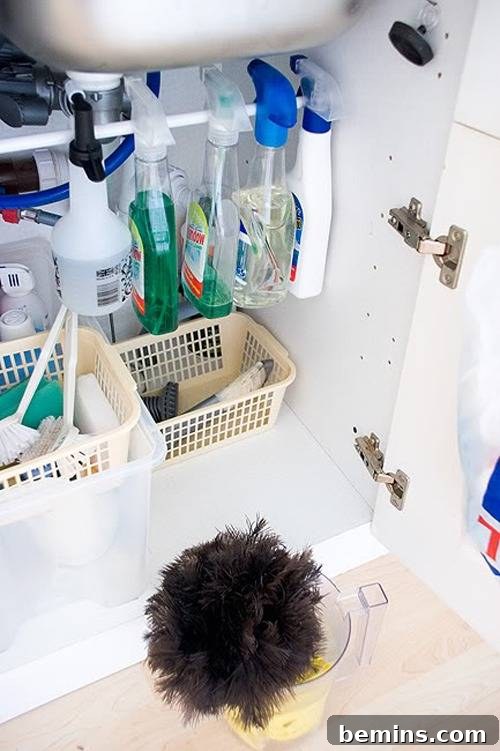DIY Kitchen Organization: 10 Clever Projects 4 Cleaning supplies hanging under a kitchen sink