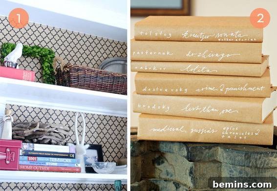Books arranged on shelves, decorated with wrapping paper backgrounds.