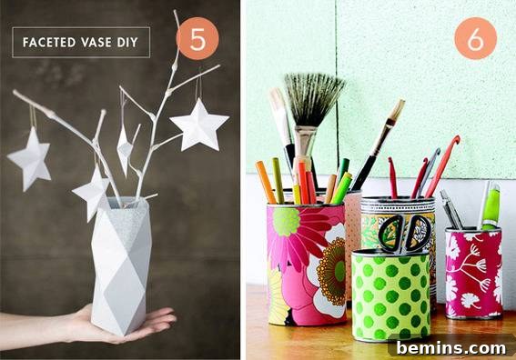 Colorful containers made with colorful faceted paper.