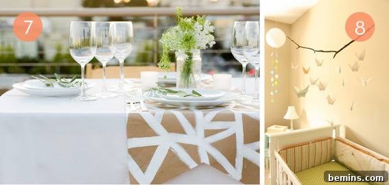 A fancy kitchen table setting is next to a nursery room.