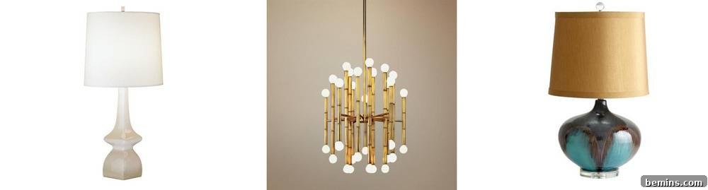 A selection of elegant lighting fixtures, including golden chandeliers and classic table lamps from LampsPlus.com.