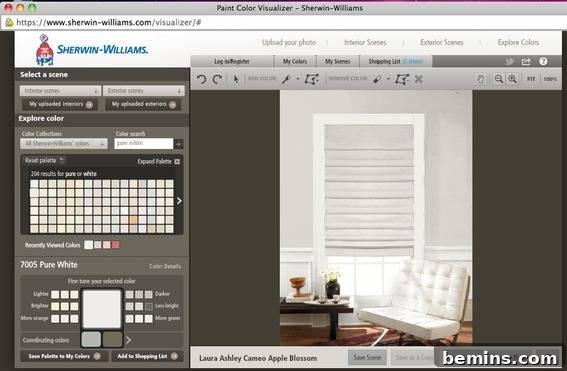 Digital rendering of Roman shades in 'Cameo Apple Blossom' integrated into a room with Sherwin-Williams Crushed Ice walls, using a design visualizer tool.